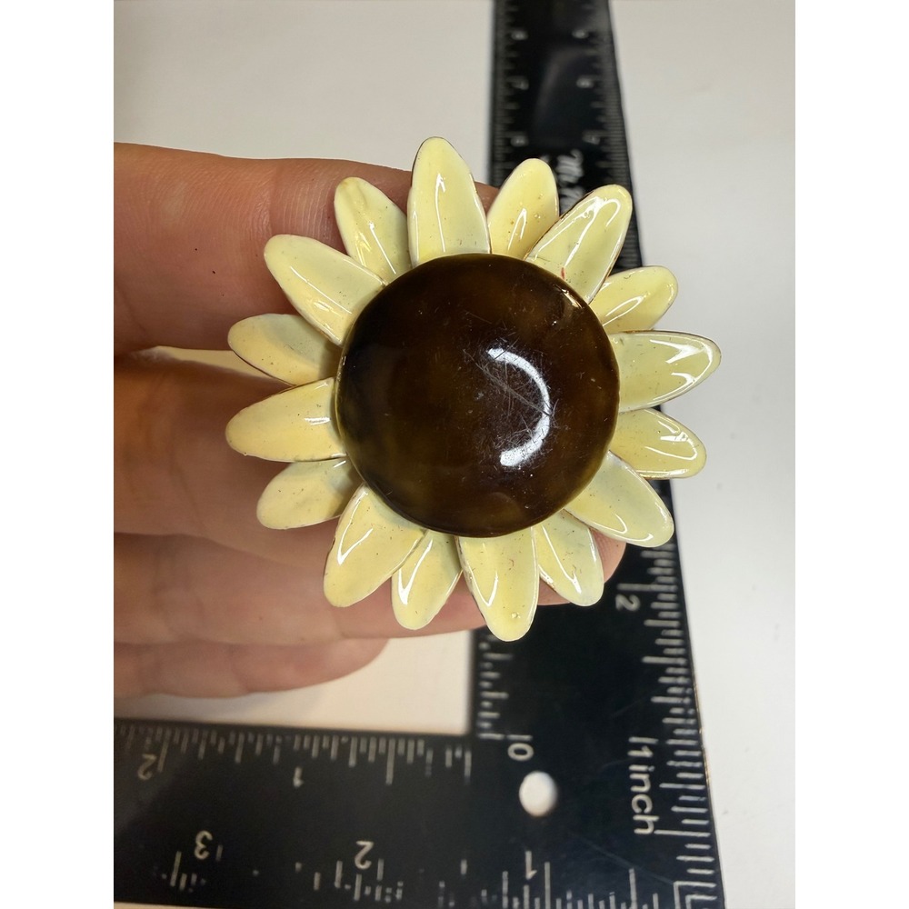 Sandor Enamel Sunflower Brooch Yellow Brown Gold Tone Flower Pin 2 Inch